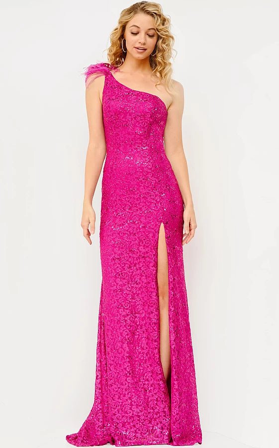 JVN08175 Fuchsia One Shoulder Lace Sheath Prom Dress | NorasBridalBoutiqueNY